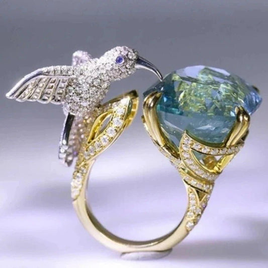 Adjustable Aquamarine - Color Hummingbird Ring – 14K Gold Plated