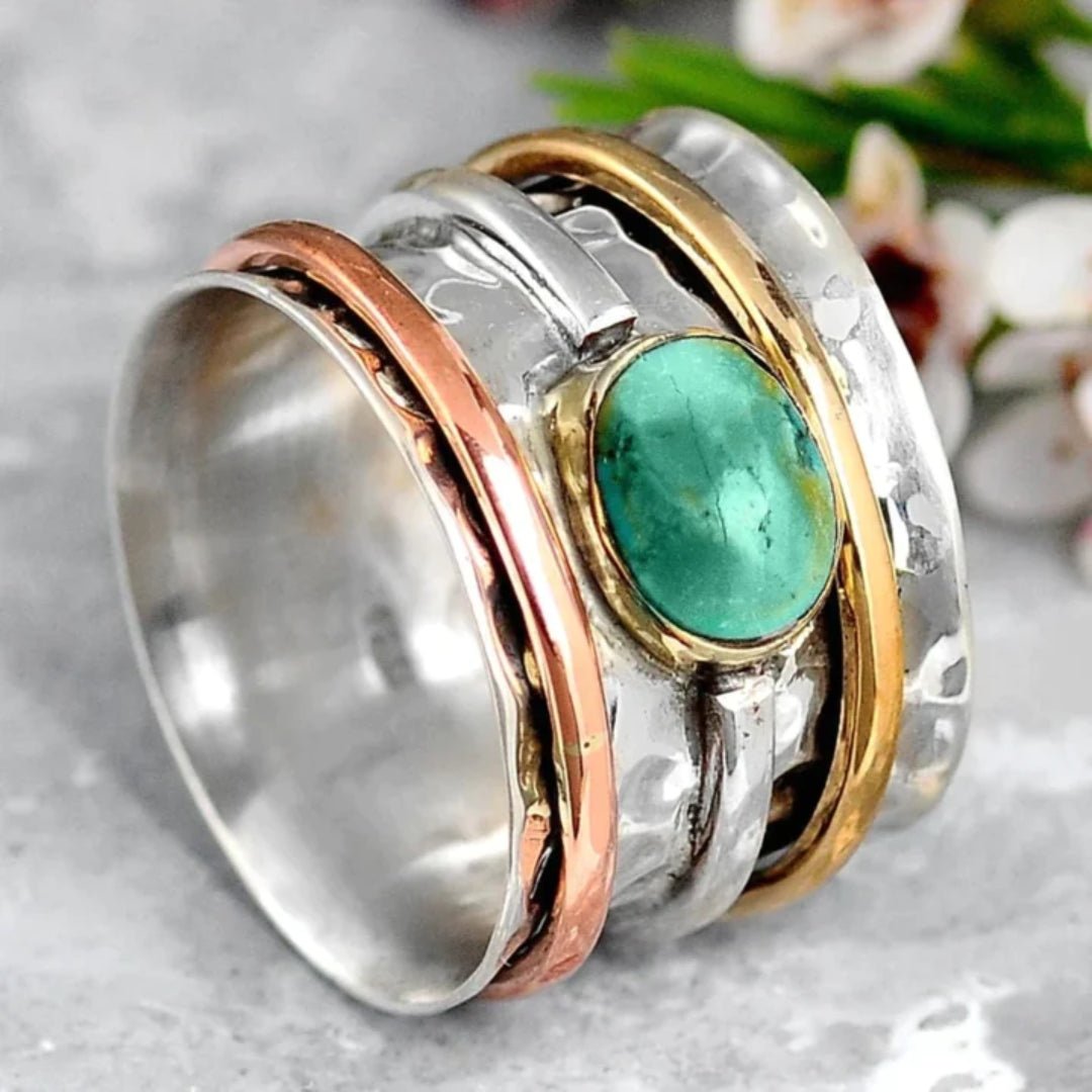 Carlota - Retro Gold and Silver Ring Featuring Turquoise