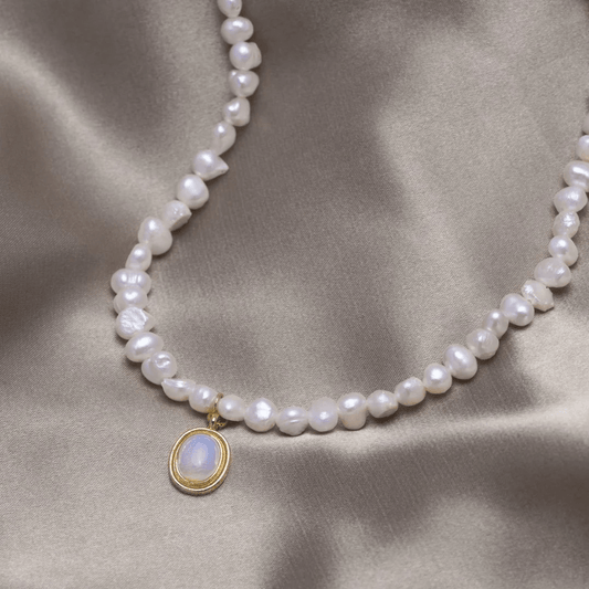 Gold Pearl Necklace Featuring Moonstone Accents