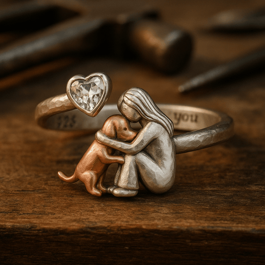 Handcrafted 925 Sterling Silver Dog Ring with Heart - Shaped Zirconia – Adjustable Fit