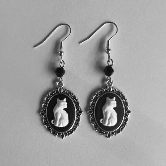 Vintage White Cat Drop Earrings – Silver Frame Jewelry for Women
