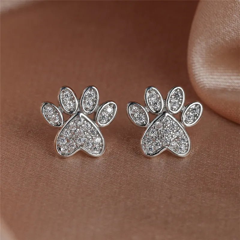 White Zirconia Paw Studs – Heart - Shaped Design