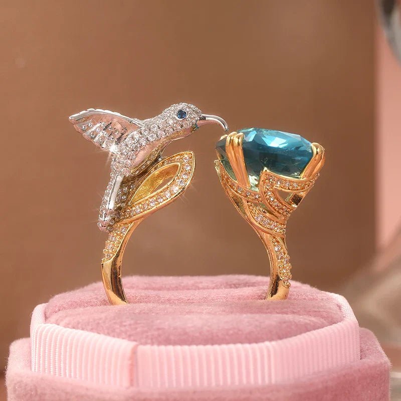 Adjustable Aquamarine - Color Hummingbird Ring – 14K Gold Plated