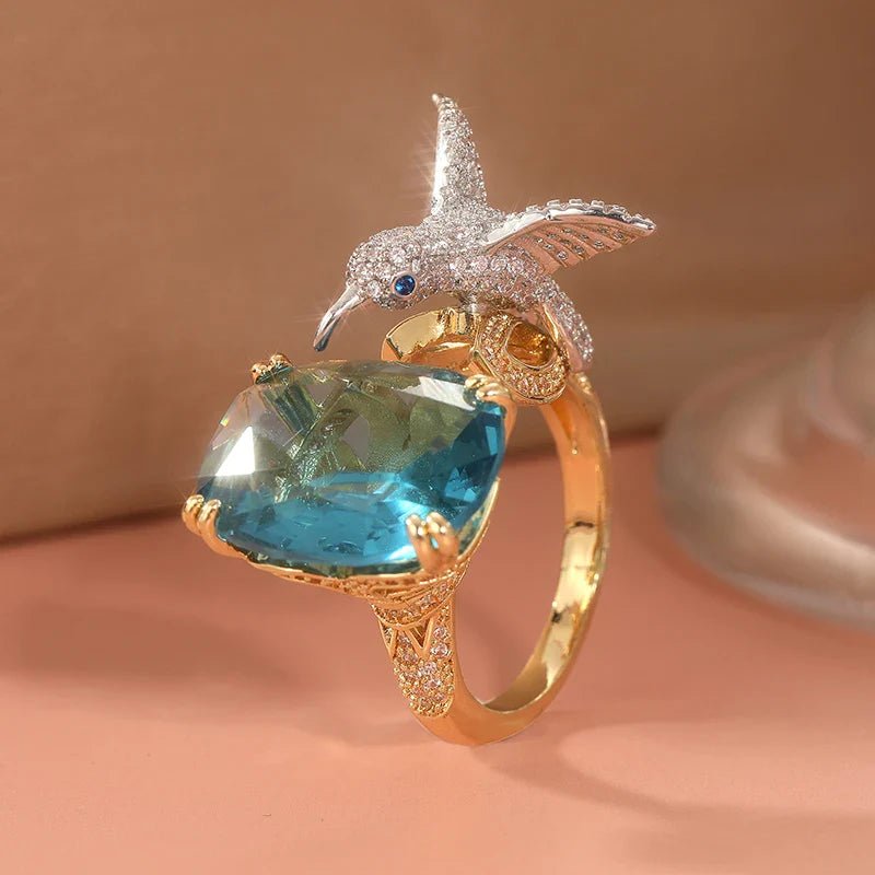 Adjustable Aquamarine - Color Hummingbird Ring – 14K Gold Plated