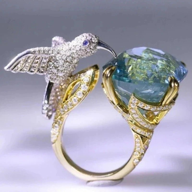 Adjustable Aquamarine - Color Hummingbird Ring – 14K Gold Plated