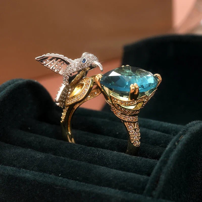 Adjustable Aquamarine - Color Hummingbird Ring – 14K Gold Plated