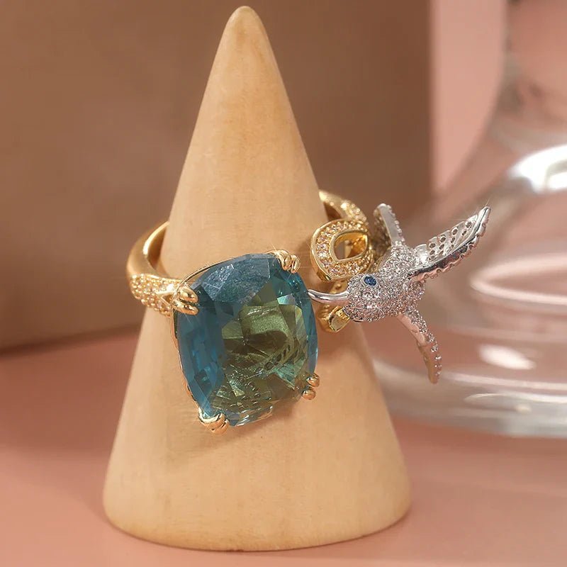 Adjustable Aquamarine - Color Hummingbird Ring – 14K Gold Plated