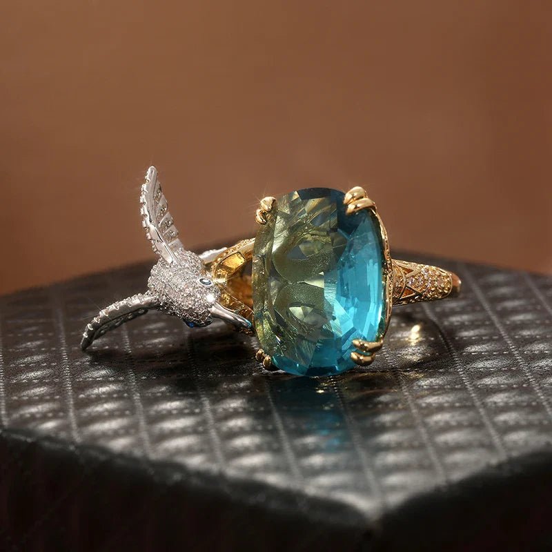 Adjustable Aquamarine - Color Hummingbird Ring – 14K Gold Plated