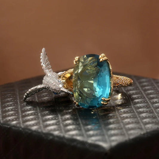 Adjustable Aquamarine - Color Hummingbird Ring – 14K Gold Plated