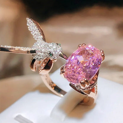 Adjustable Hummingbird Gemstone Ring – Zircon, 14K Gold Plated