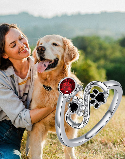 Black Paw Print Adjustable Ring With Red Gemstone