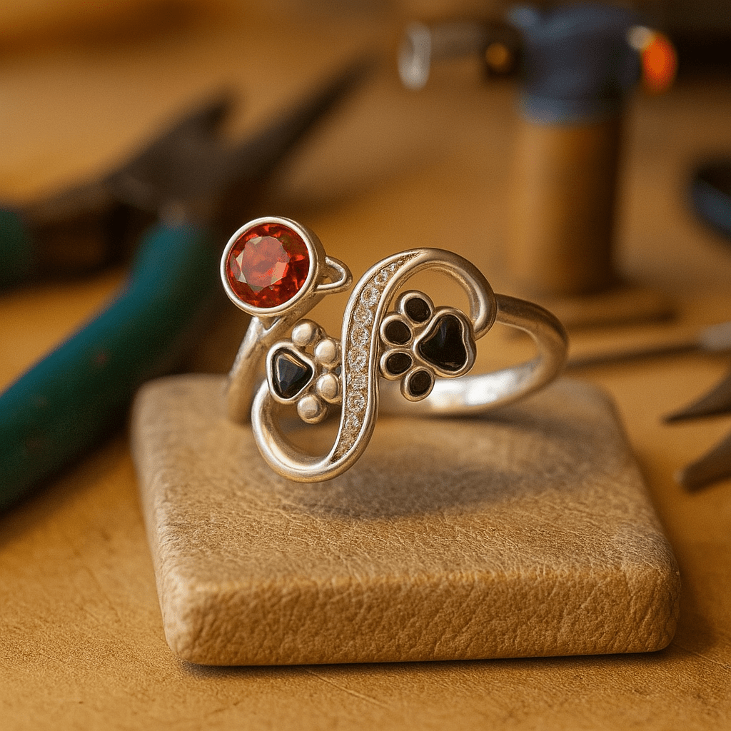 Black Paw Print Adjustable Ring With Red Gemstone