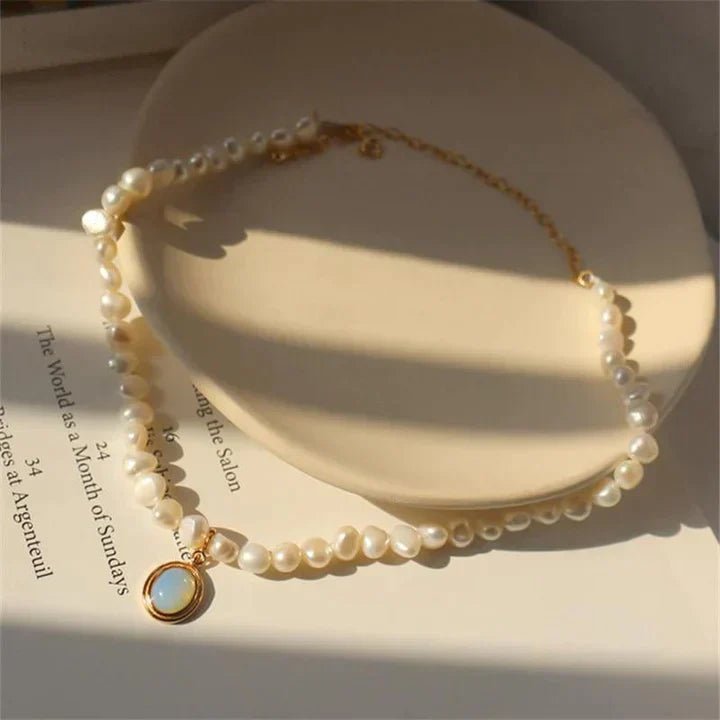 Gold Pearl Necklace Featuring Moonstone Accents
