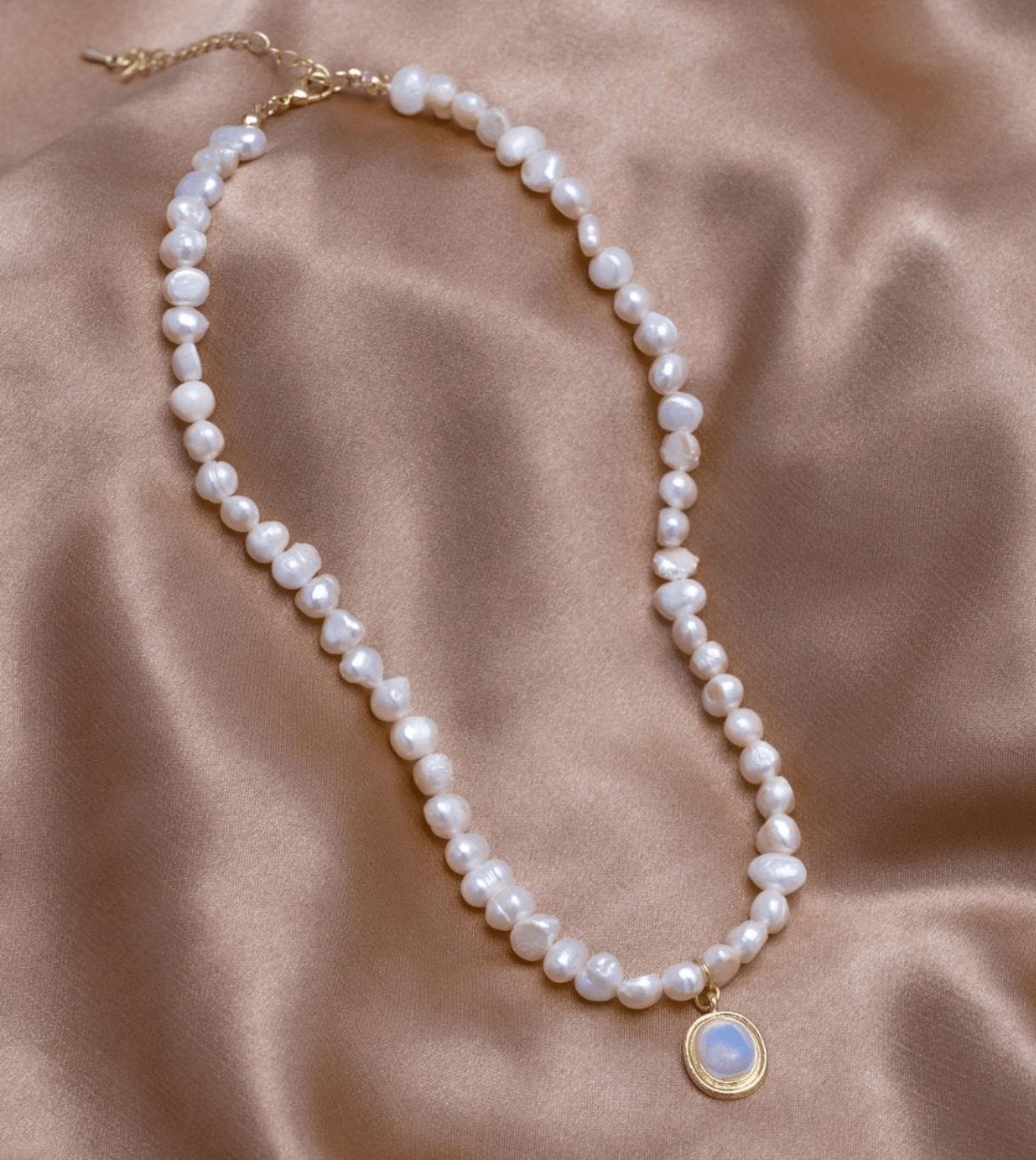Gold Pearl Necklace Featuring Moonstone Accents