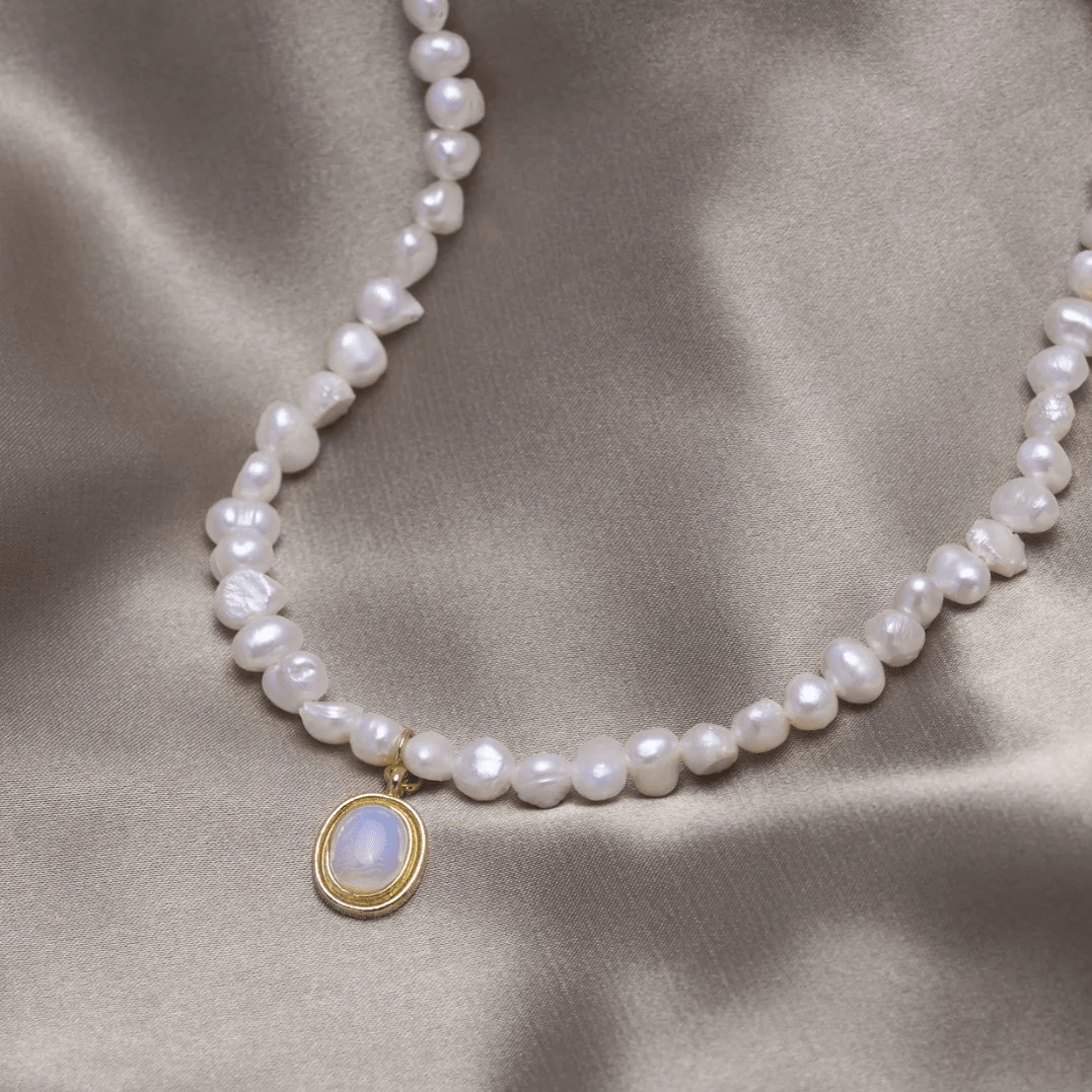 Gold Pearl Necklace Featuring Moonstone Accents