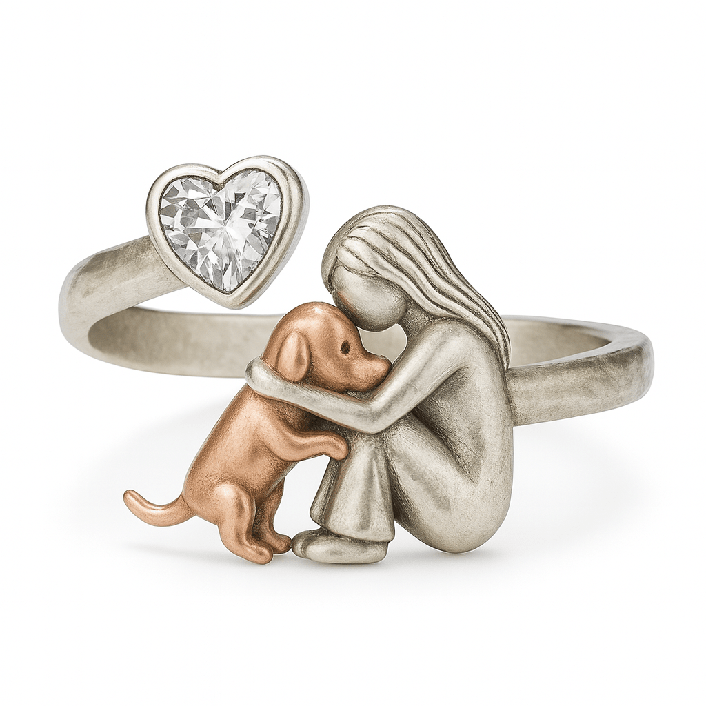 Handcrafted 925 Sterling Silver Dog Ring with Heart - Shaped Zirconia – Adjustable Fit