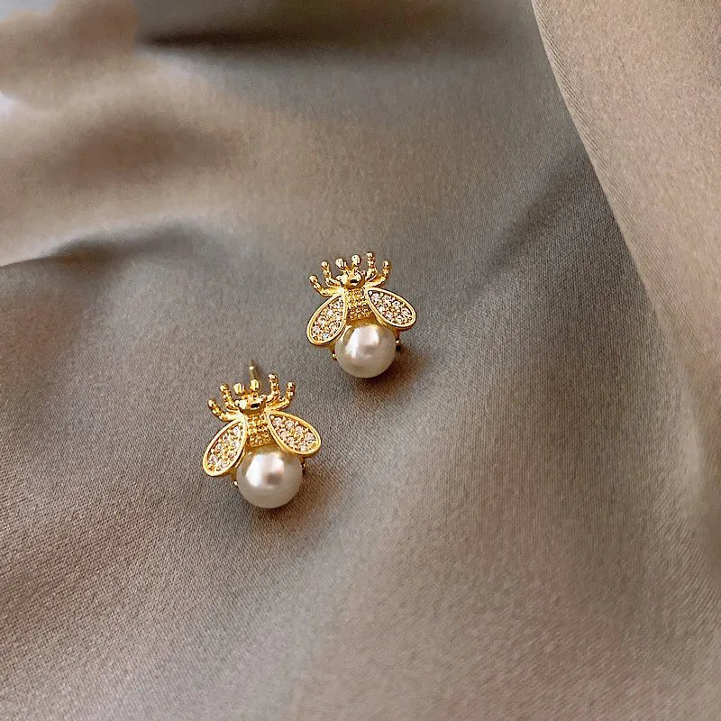 Honey Bee Pearl Stud Earrings – Elegant Gold - Tone Jewelry for Women