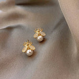 Honey Bee Pearl Stud Earrings – Elegant Gold - Tone Jewelry for Women