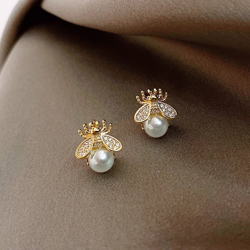 Honey Bee Pearl Stud Earrings – Elegant Gold - Tone Jewelry for Women
