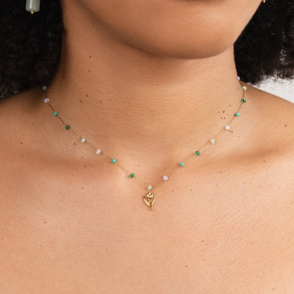 Pearl Necklace with Gold Tulip Design