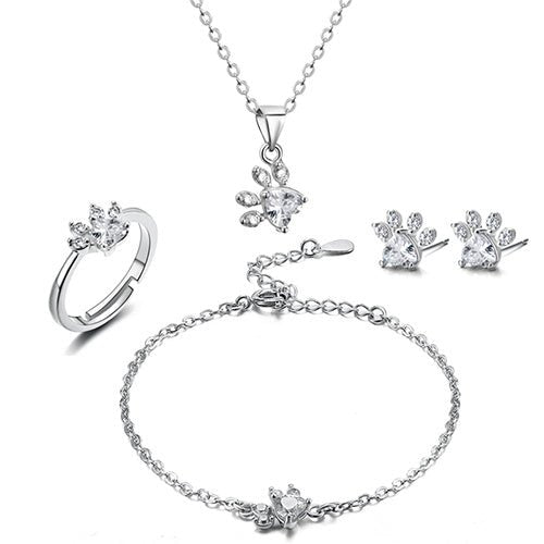 Rose Gold Paw Jewelry Set – 4 Pieces with Zirconia Heart (Ring, Necklace, Earrings, Bracelet)