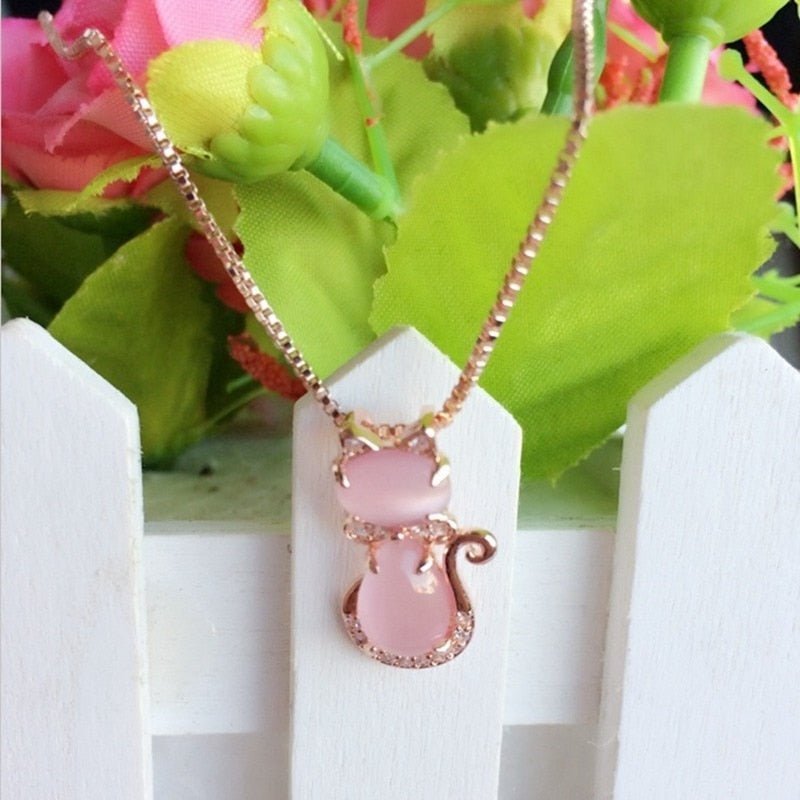 Rosie™ — Pink stone cat necklace with zircon