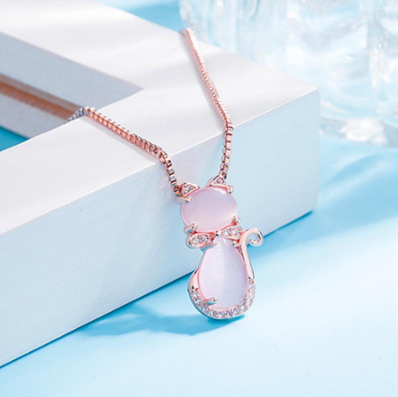 Rosie™ — Pink stone cat necklace with zircon