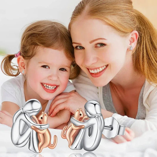 Silver and Gold Two - Tone Cat Hug Earrings