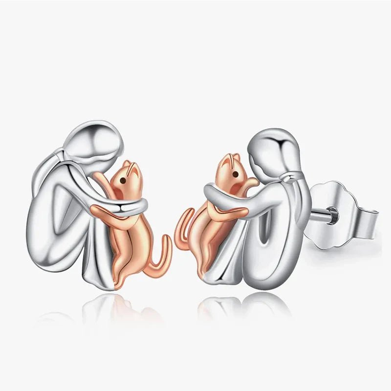 Silver and Gold Two - Tone Cat Hug Earrings