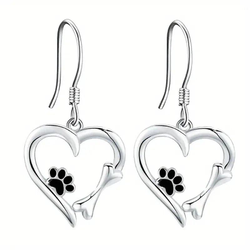 Silver Drop Earrings with Heart & Paw Design