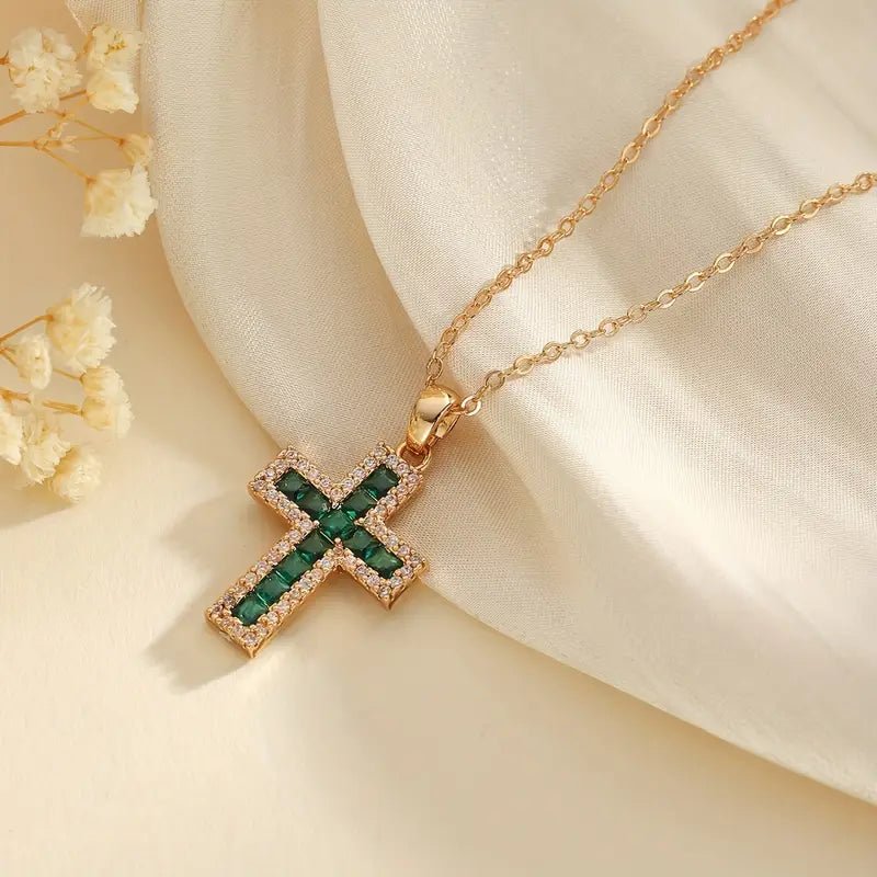 Solène Gold Emerald Cross Pendant Necklace