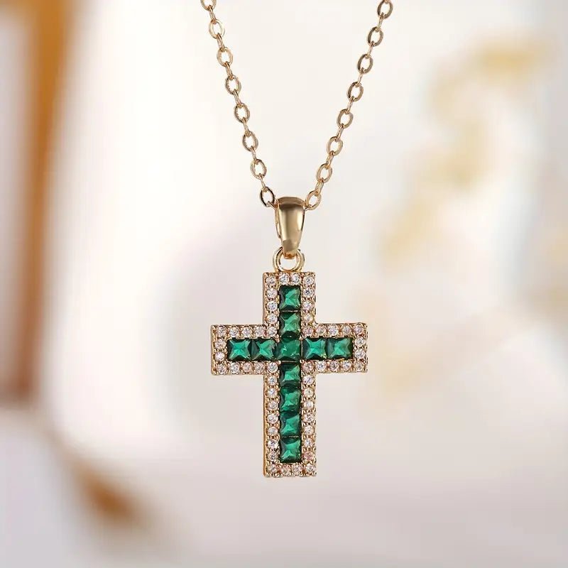 Solène Gold Emerald Cross Pendant Necklace