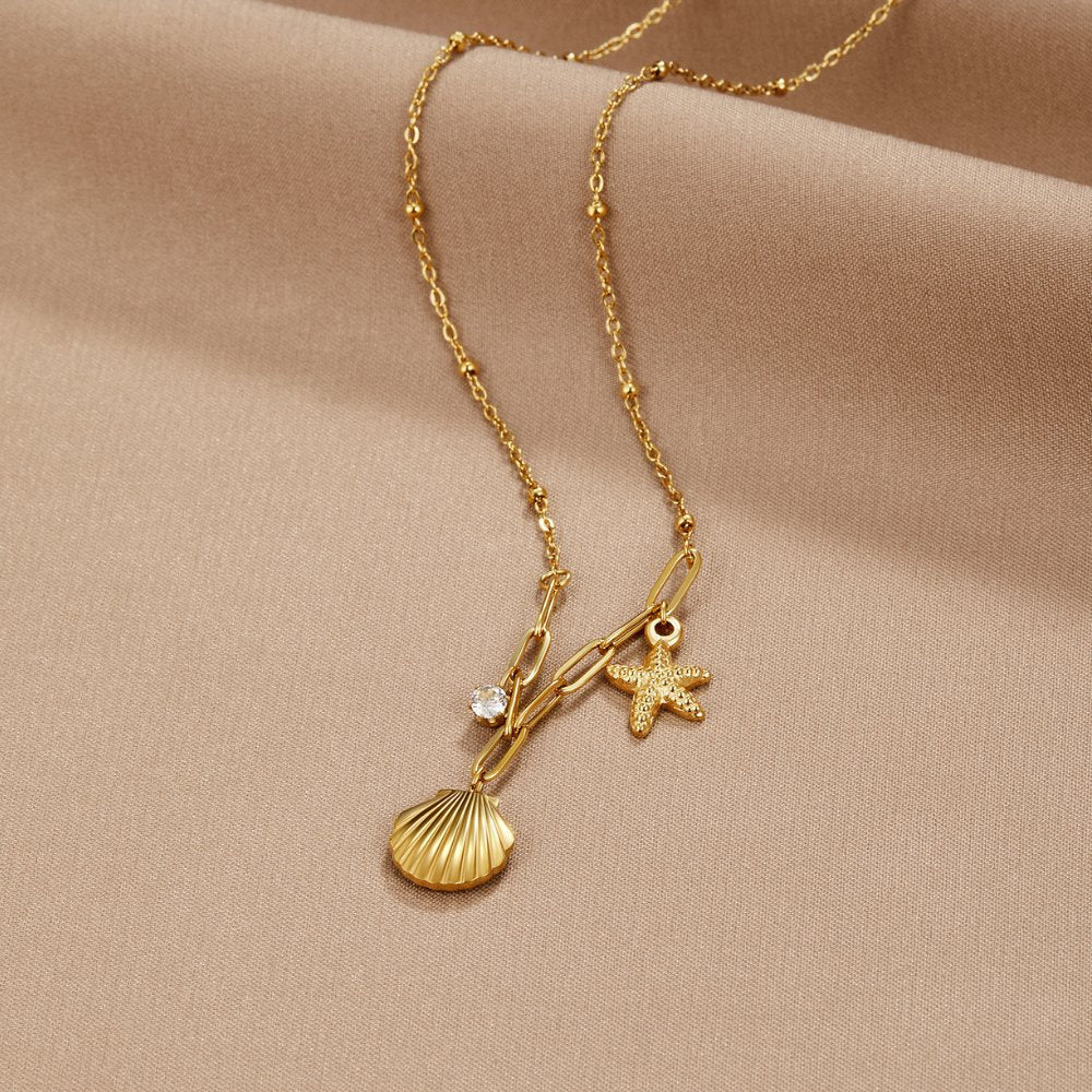 Starfish Pendant Necklace with Golden Shell