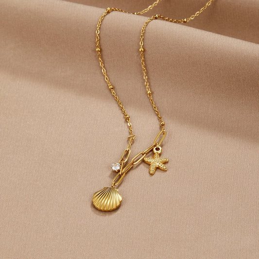 Starfish Pendant Necklace with Golden Shell