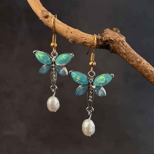 Vintage Green Opal Pearl Butterfly Earrings