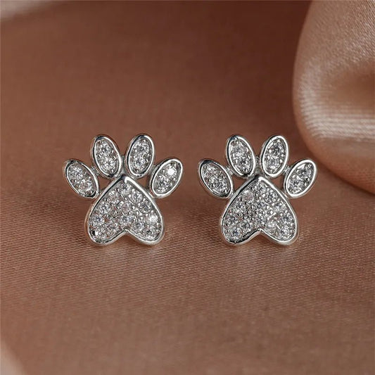 White Zirconia Paw Studs – Heart - Shaped Design