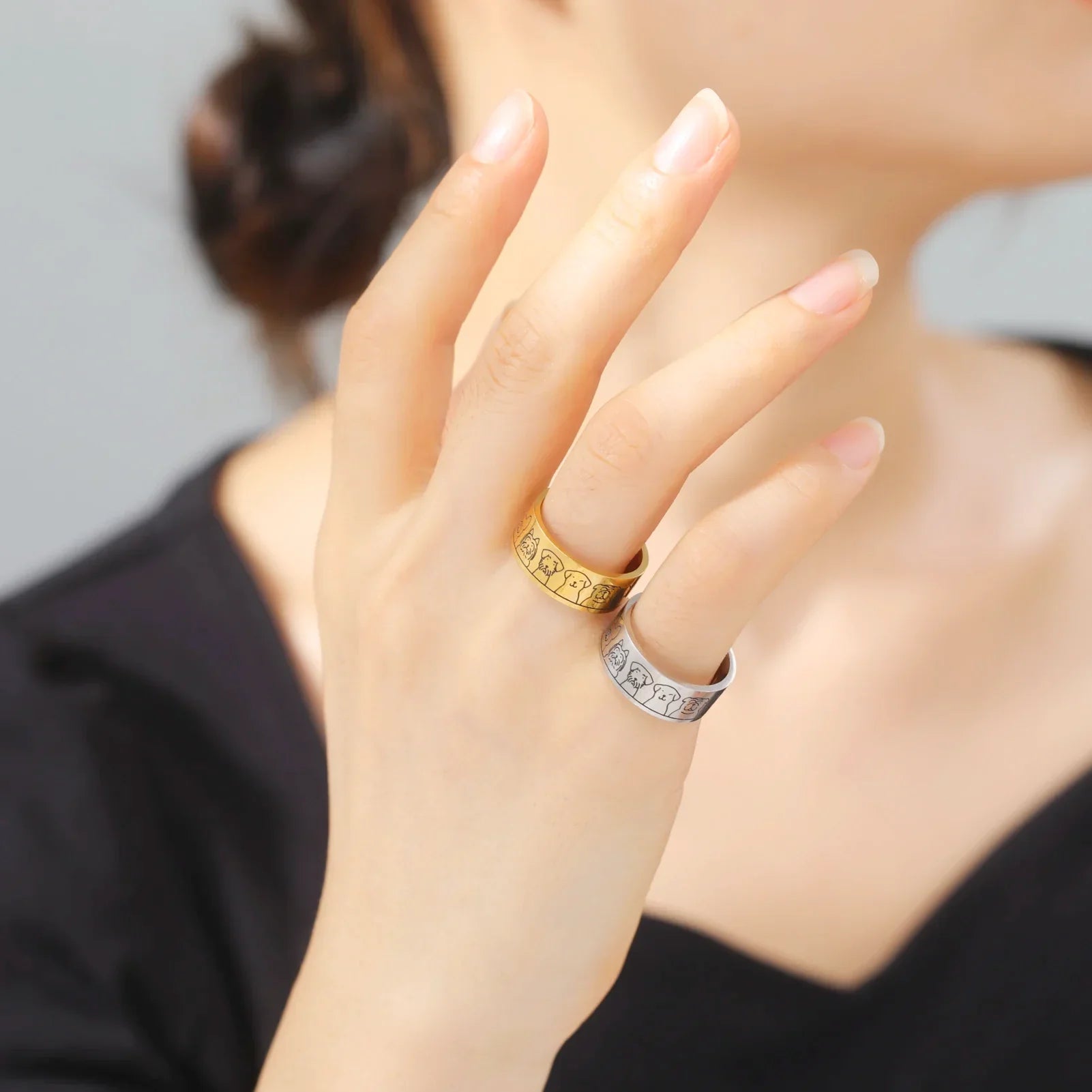 Wide Stainless Steel Dog Ring – Engraved Design for Women